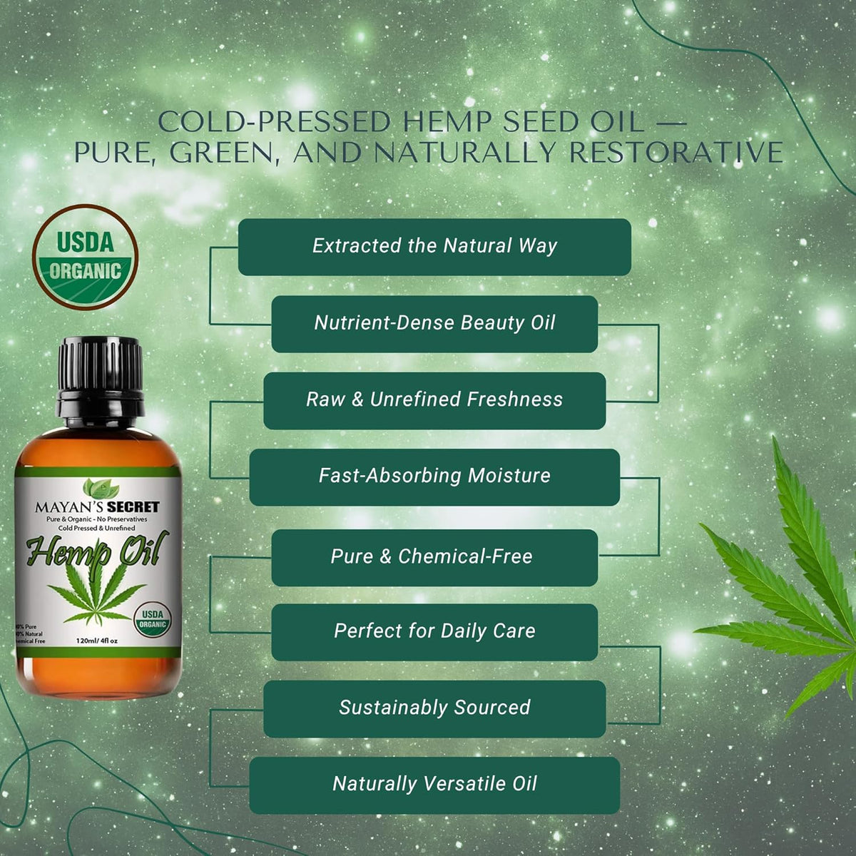 Mayan’s Secret 4fl oz Hemp Seed Oil Organic USDA Certified Glass Bottle with Drpper for Skin Care Hair Care Body Massage