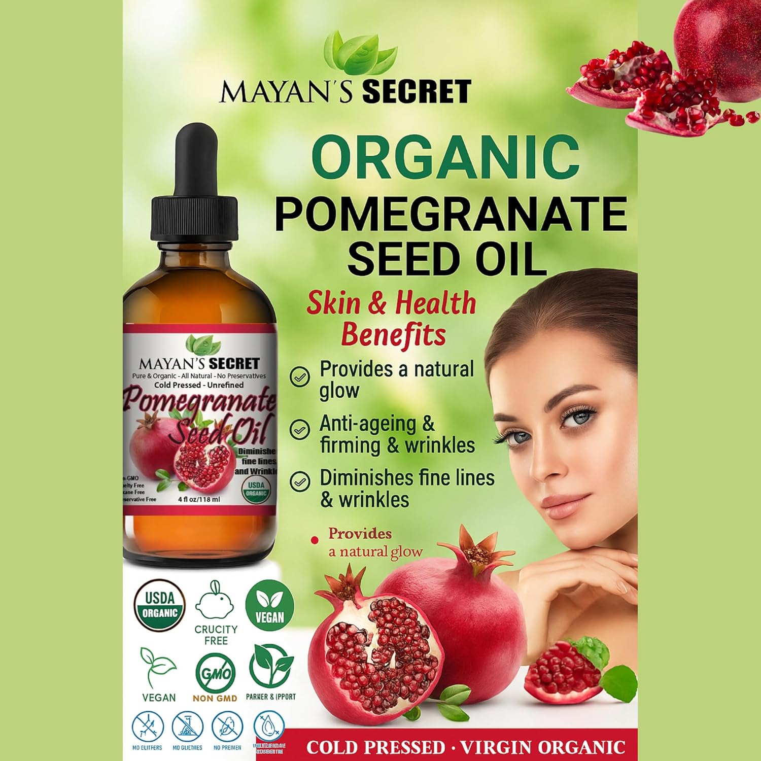 Organic Pomegranate Seed Oil Cold Pressed Virgin Unrefined Face Hair Skin Moisturizing Glow Anti Aging 4 oz