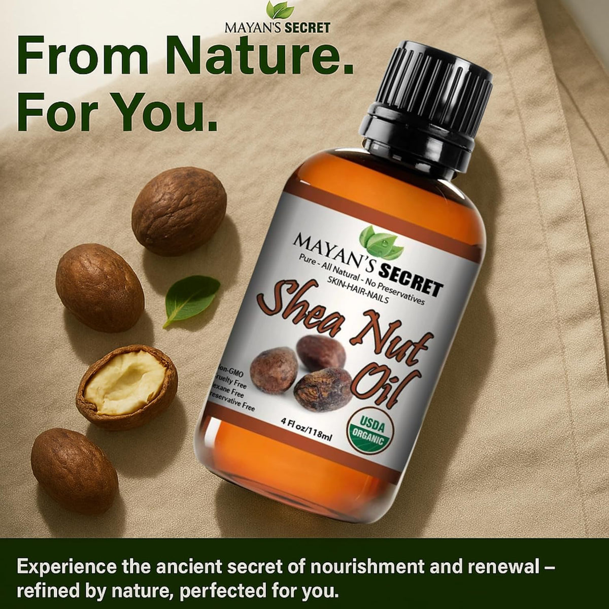 Mayan’s Secret USDA Organic Shea Nut Oil Pure Unrefined Moisturizing Oil for Skin Hair Face and Nails Vitamin Rich Beauty Oil 4 oz Glass Bottle