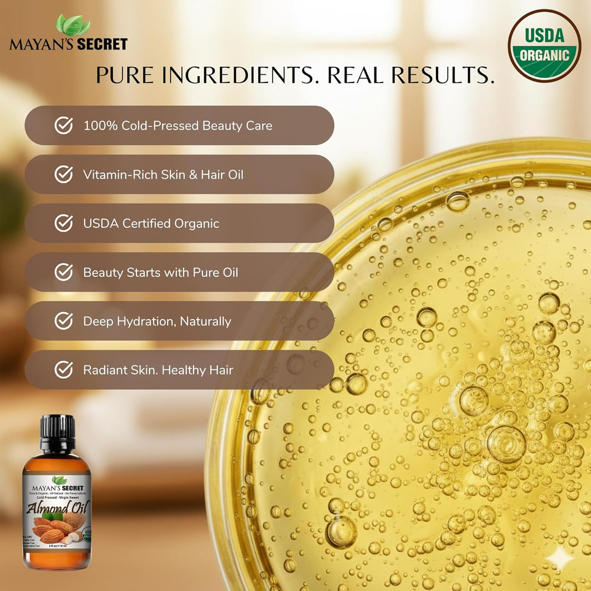 Organic Sweet Almond Oil Cold Pressed Virgin Pure Almond Oil for Skin Hair Face Nails Natural Moisturizing Beauty Oil 4oz