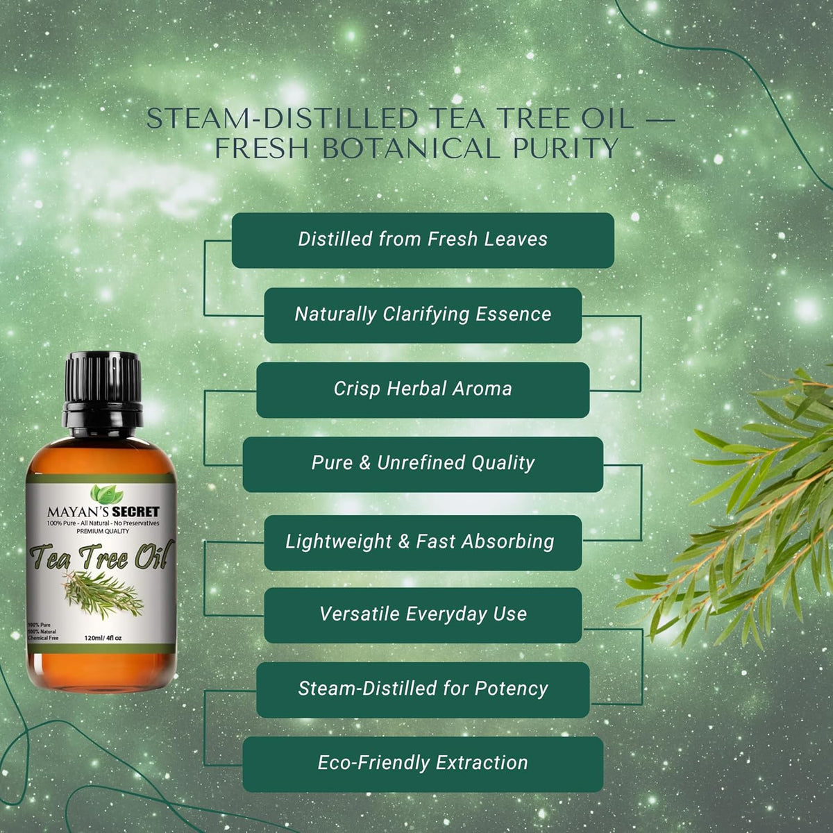 Mayan’s Secret Australian Tea Tree Oil 100% Pure Steam Distilled Tea Tree Essential Oil for Skin Hair Scalp Nail Care and Aromatherapy 4 fl oz 120 ml Amber Glass Bottle with Dropper