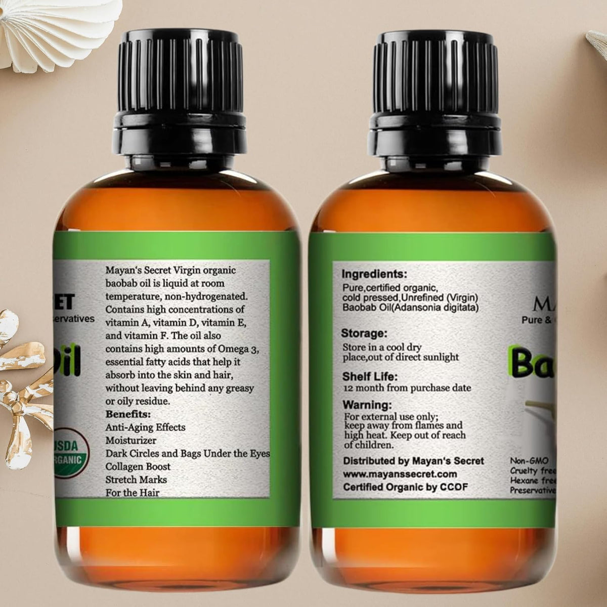 Mayan’s Secret Virgin Organic Baobab Oil Cold Pressed Unrefined for Skin Hair and Massage 4 fl oz