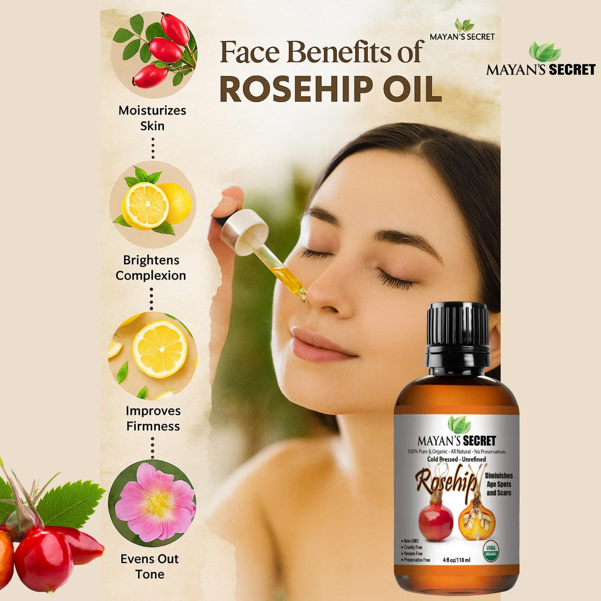 Mayan’s Secret Rosehip Oil Organic Cold Pressed Face Oil for Glowing Skin Dark Spots Scars Fine Lines 4 oz