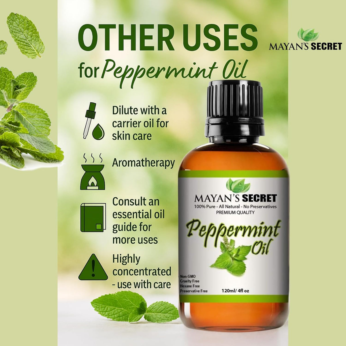 Mayan’s Secret Peppermint Essential Oil 4 oz 120ml Pure Steam Distilled Mint Oil for Hair Scalp Skin Aromatherapy Diffuser Use Glass Dropper Bottle