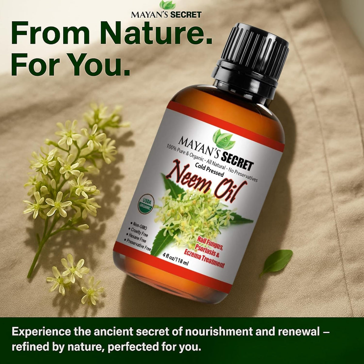 Organic Neem Oil Cold Pressed Unrefined USDA Certified Pure Neem Oil for Skin Hair Scalp Natural Moisturizer Nail Care Face Body Treatment 4 oz