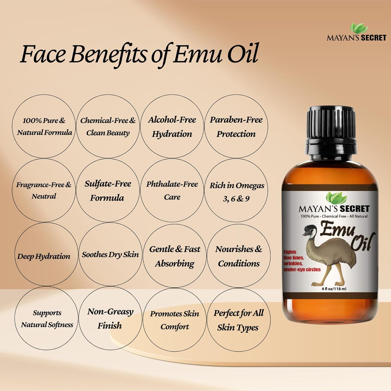 Mayan’s Secret Pure Emu Oil 4 oz Triple Refined Odorless Natural Skin Hair Face Moisturizing Oil Fast Absorbing Omega Rich