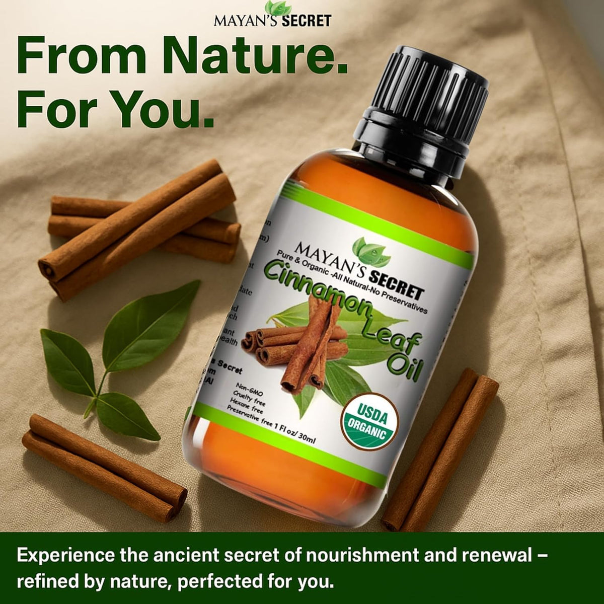 Mayan's Secret Certified Organic Pure Cinnamon Essential Oil - Pure and Natural, Large 1oz Bottle
