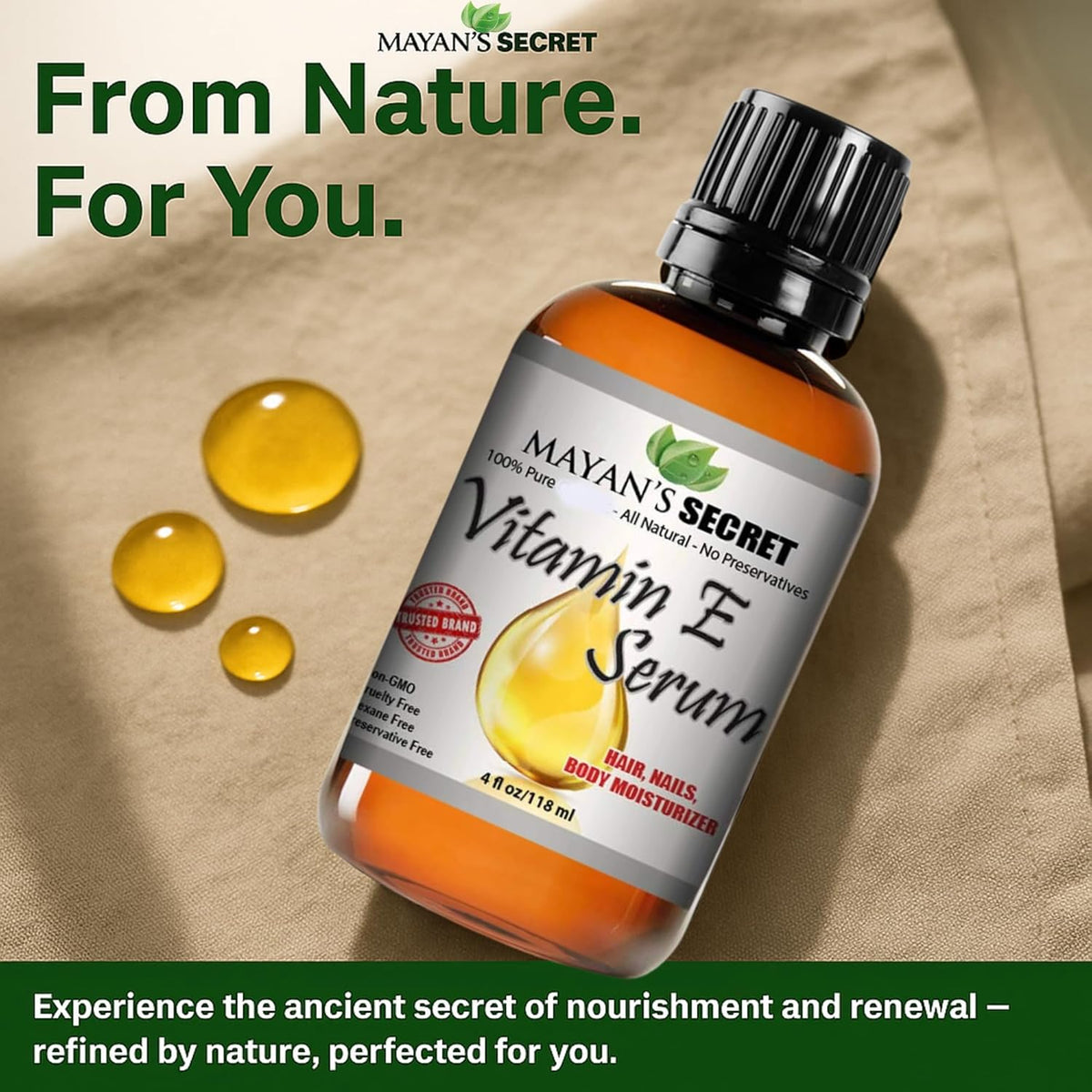 Mayan’s Secret Vitamin E Serum 4 oz 118 ml Pure Vitamin E Oil for Face Skin Hair and Nails Moisturizer Anti Aging Hydrating Serum Glass Bottle Dropper