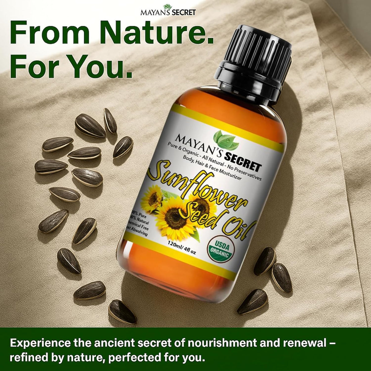 Mayan’s Secret Organic Sunflower Seed Oil Cold Pressed Pure Natural Moisturizing Oil for Face Hair Skin Nails Non GMO Hexane Free 4oz