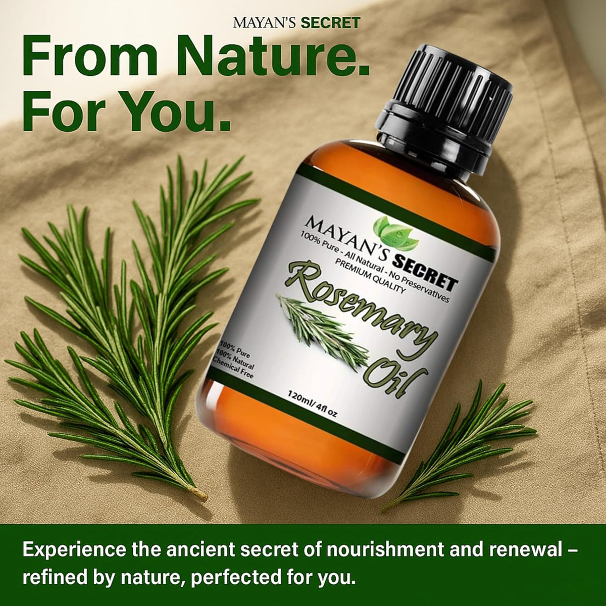 Mayan’s Secret Rosemary Oil 100% Pure Steam Distilled Rosemary Essential Oil for Hair Scalp Skin and Aromatherapy 4 fl oz 120 ml Amber Glass Dropper Bottle