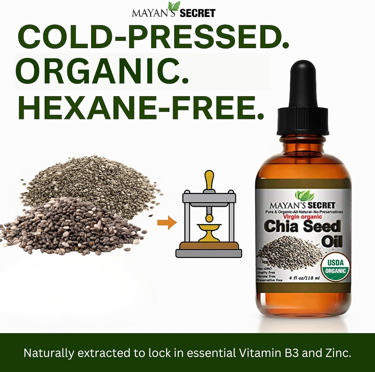 Mayan's Secret Chia Seed Oil, USDA Certified Virgin Organic,100% Pure &amp; Natural, Cold Pressed Virgin, Unrefined in Amber Glass Bottle w/Glass Eyedropper for Easy Application (4 oz /118 ml)