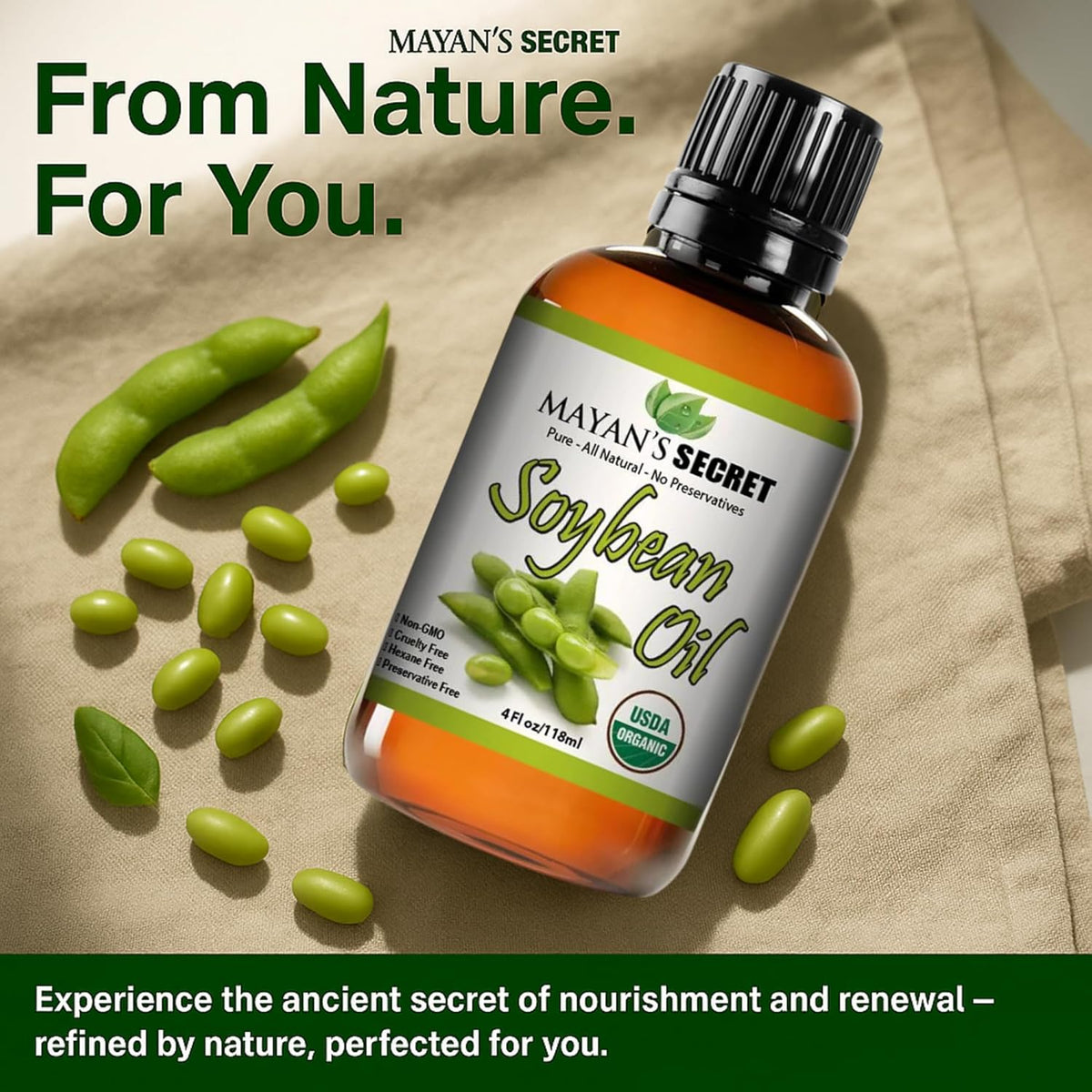 Mayan’s Secret USDA Organic Soybean Oil Cold Pressed Unrefined Pure Moisturizing Oil for Skin Hair Face and Nails 4 oz Amber Glass Bottle