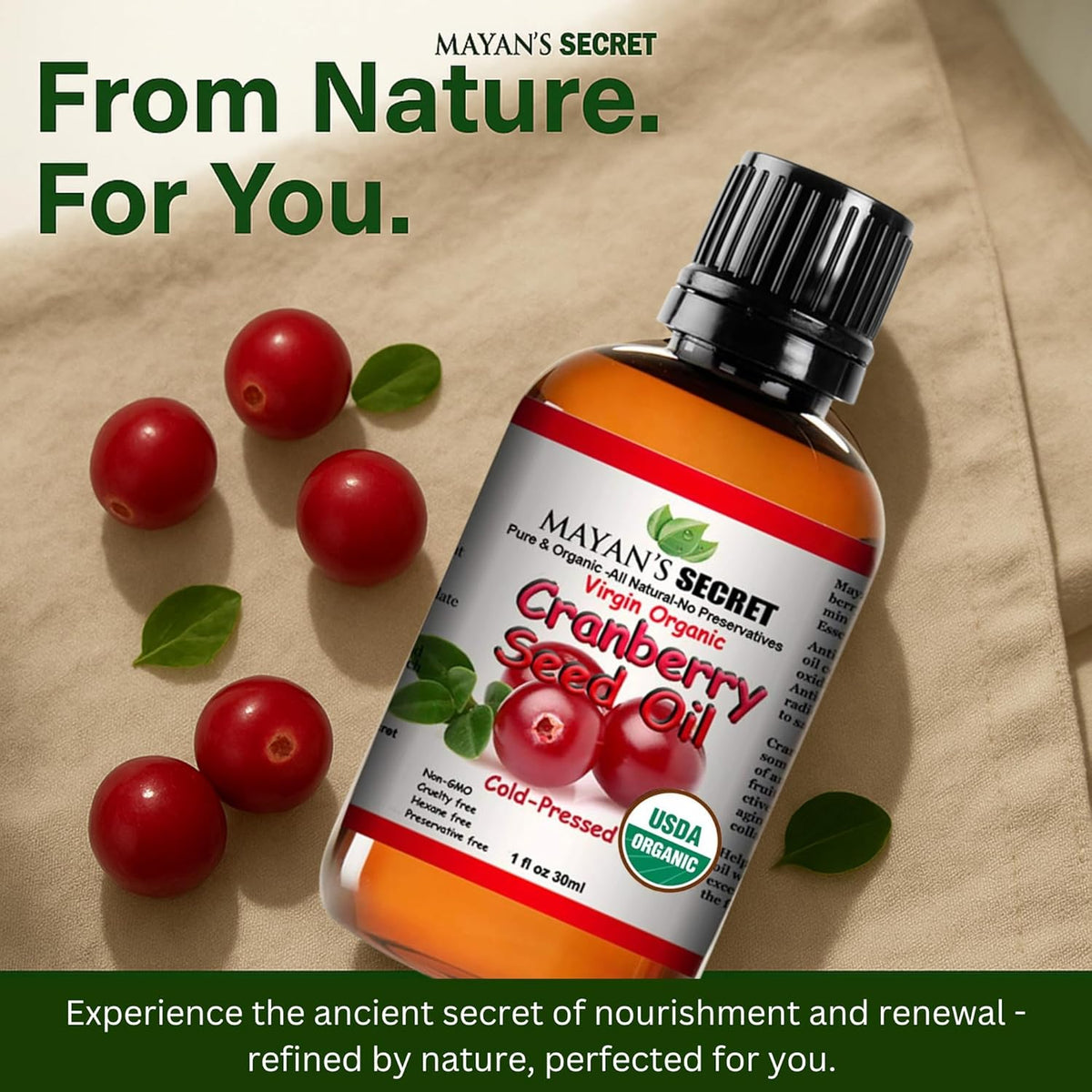 Organic Cranberry Seed Essential Oil Virgin Organic USDA Certified Cold Pressed The Anti-Aging Skin Secret 1 oz