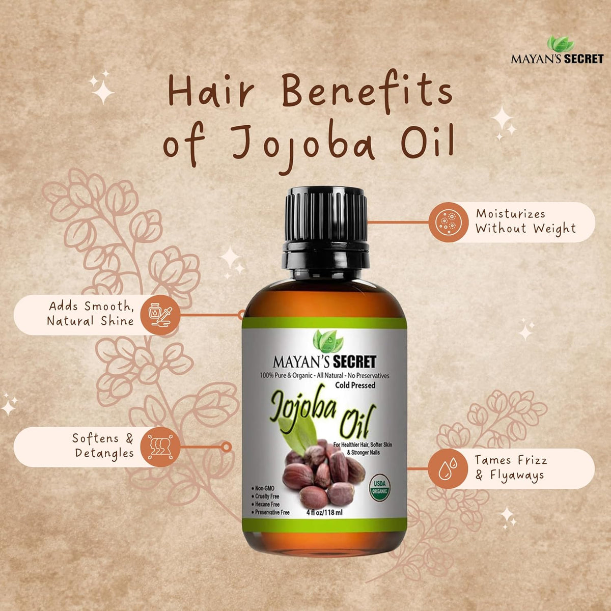 Mayan’s Secret Organic Jojoba Oil Cold Pressed Unrefined Pure Natural Moisturizing Oil for Hair Skin Nails Face USDA Organic