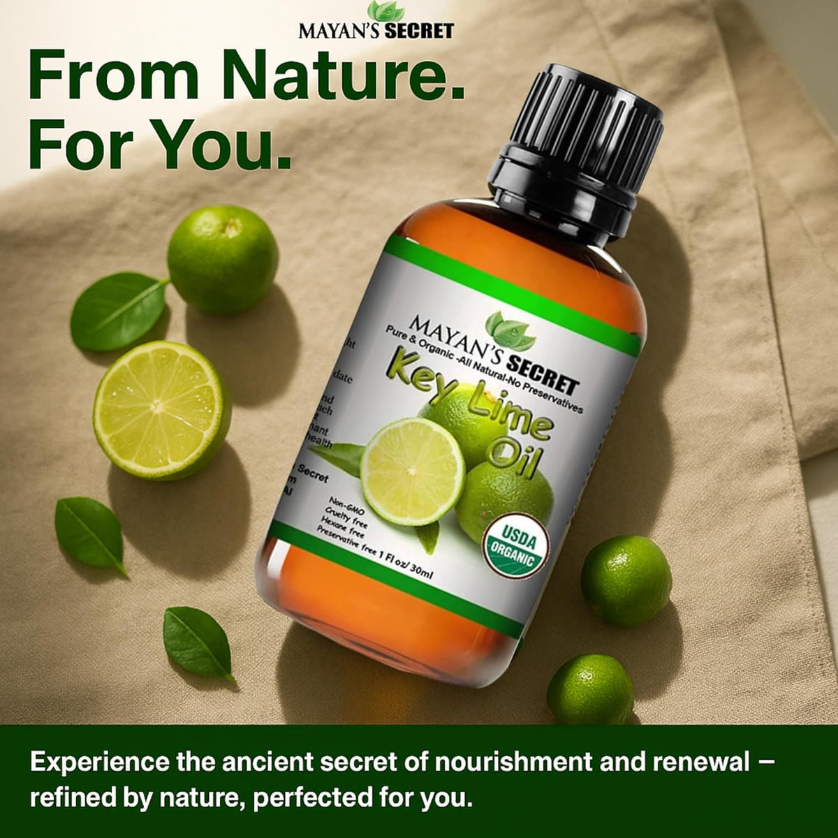 Mayan’s Secret USDA Certified Organic Key Lime Essential Oil for Diffuser &amp; Reed Diffusers (100% Pure &amp; Natural - UNDILUTED) 1oz Bottle