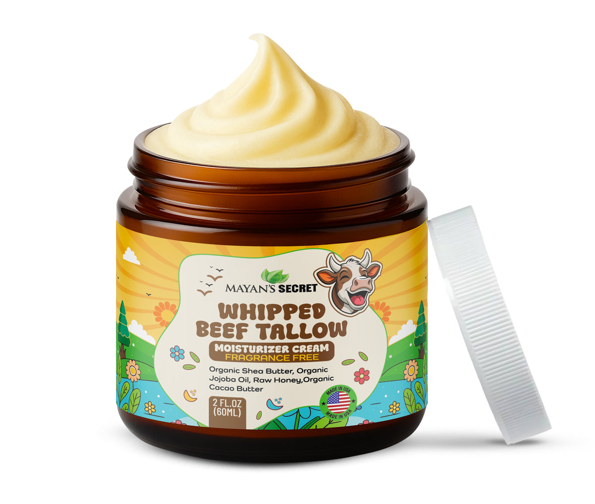 Mayan's Secret Beef Tallow for Skin – Whipped Moisturizer Cream – 100% Grass Fed with Organic Jojoba Oil, Shea Butter, Cacao Butter, Raw Honey – Made in USA, Amber Glass Jar. 2 Ounce
