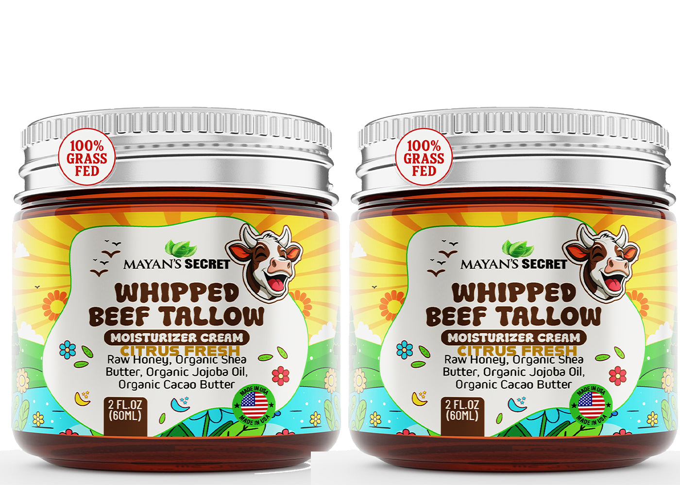 Mayan's Secret Beef Tallow for Skin – Whipped Moisturizer Cream – 100% Grass Fed with Organic Jojoba Oil, Shea Butter, Cacao Butter, Raw Honey – Made in USA, Amber Glass Jar. 2 Ounce