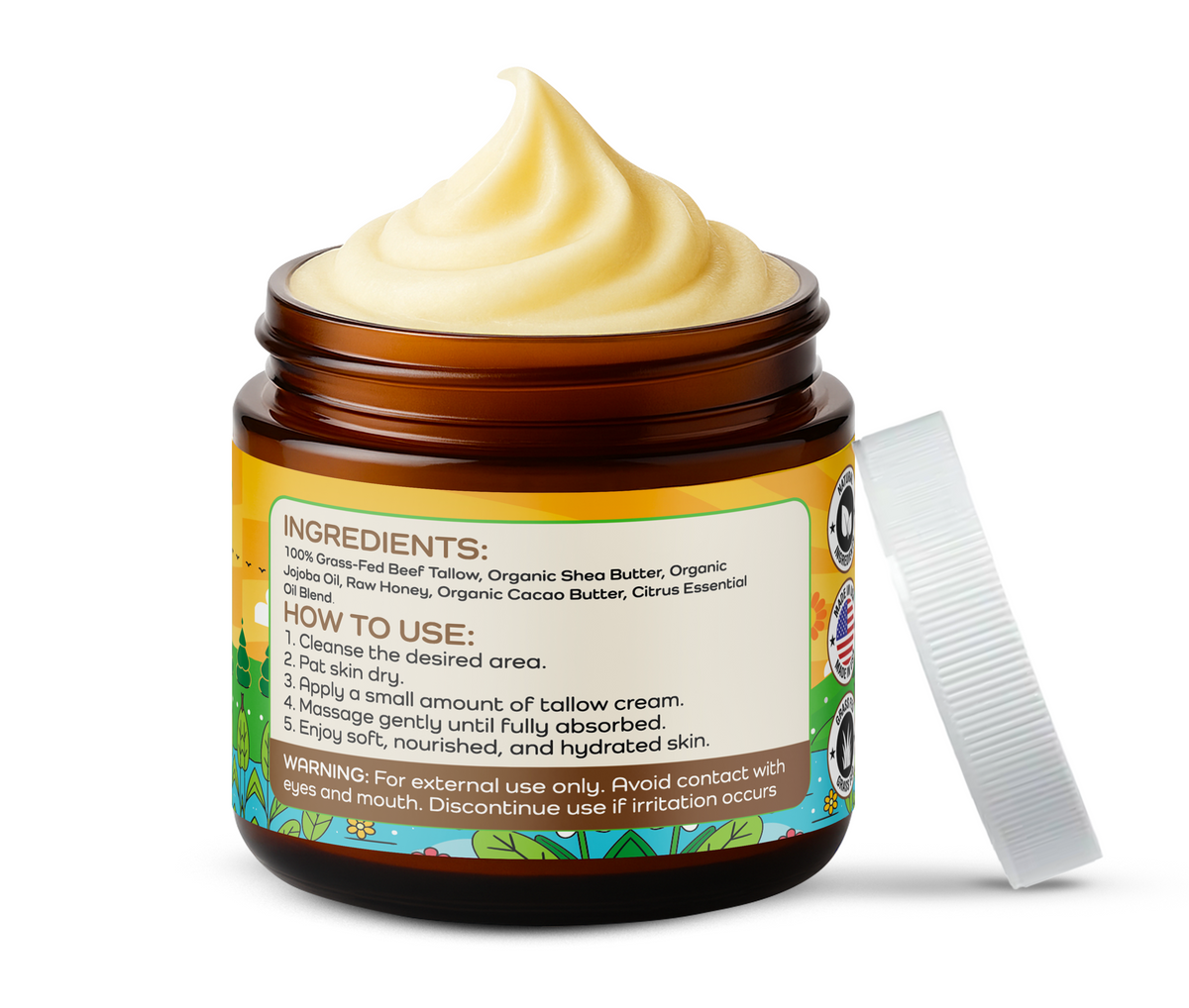 Mayan's Secret Beef Tallow for Skin – Whipped Moisturizer Cream – 100% Grass Fed with Organic Jojoba Oil, Shea Butter, Cacao Butter, Raw Honey – Made in USA, Amber Glass Jar. 2 Ounce