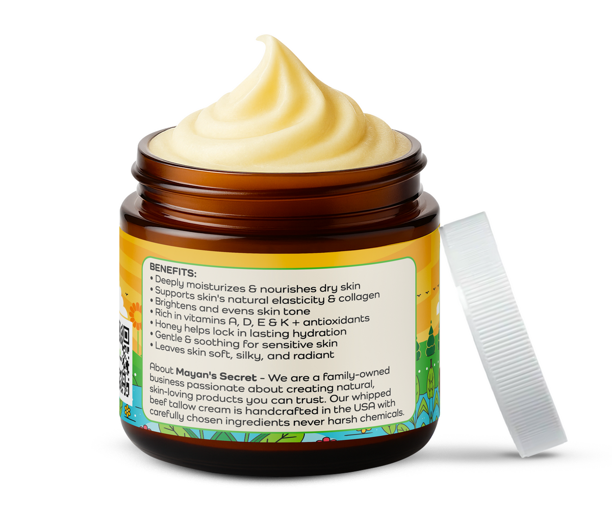Mayan's Secret Beef Tallow for Skin – Whipped Moisturizer Cream – 100% Grass Fed with Organic Jojoba Oil, Shea Butter, Cacao Butter, Raw Honey – Made in USA, Amber Glass Jar. 2 Ounce