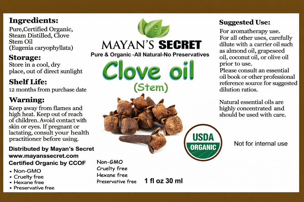 Organic Clove Stem Essential Oil Certified Organic Pure Clove Stem Essential Oil - Pure and Natural, 1oz Bottle