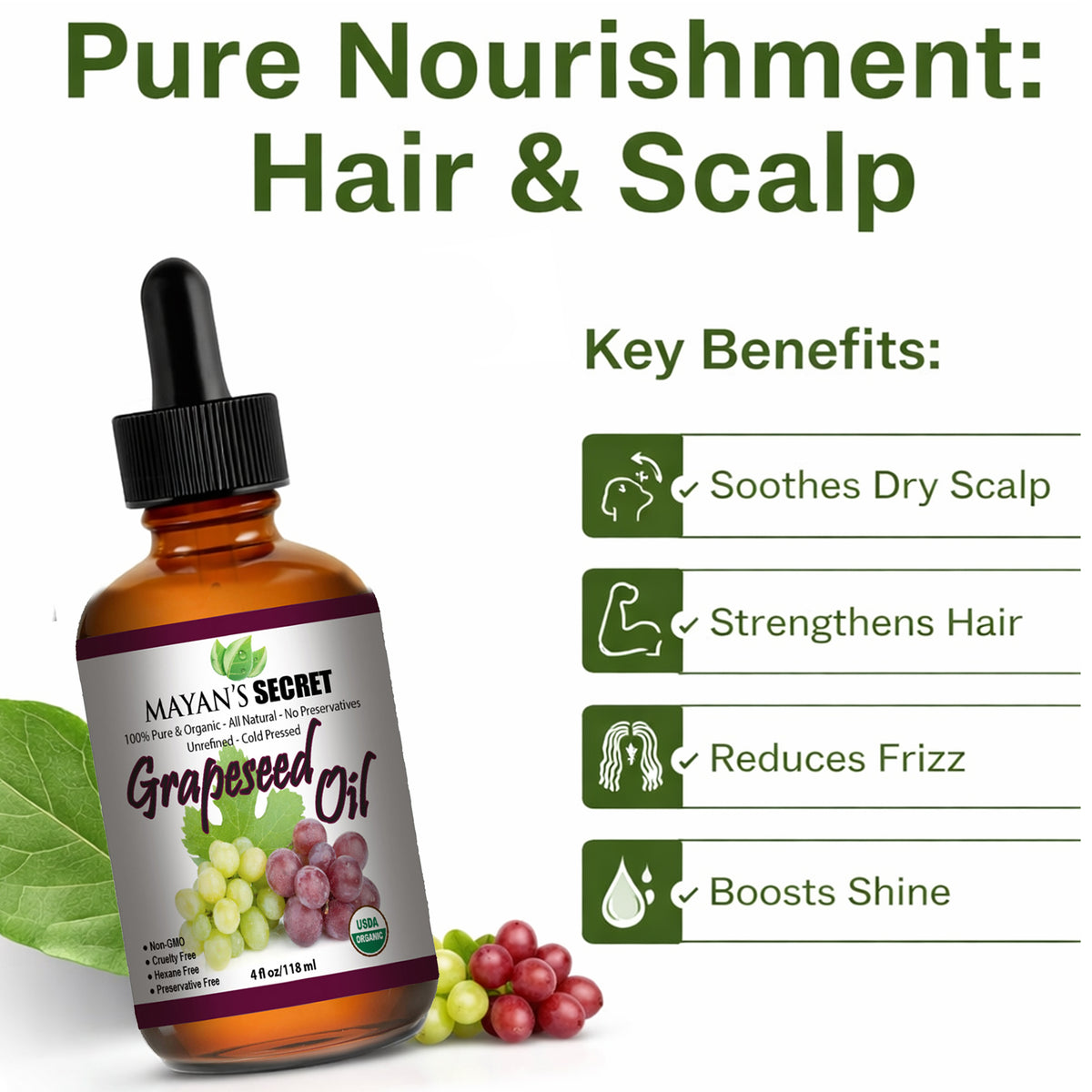 Mayan’s Secret Organic Grapeseed Oil Cold Pressed Unrefined Hexane Free 100 Percent Pure USDA Organic Carrier Oil for Hair Skin Face Scalp and Massage Glass Bottle 4oz