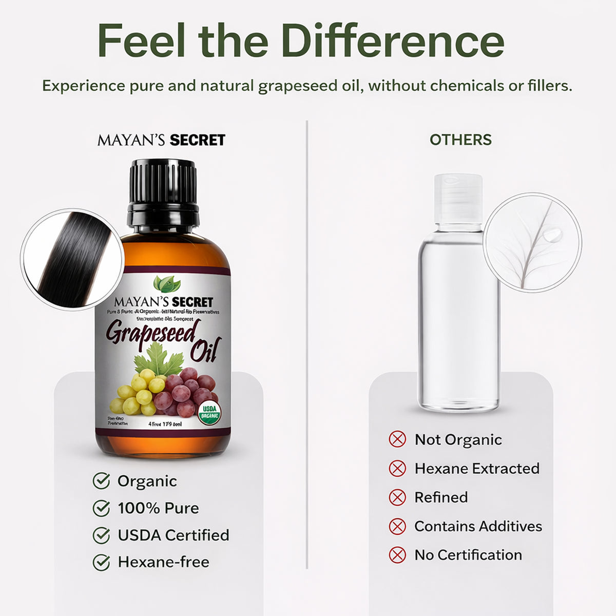 Mayan’s Secret Organic Grapeseed Oil Cold Pressed Unrefined Hexane Free 100 Percent Pure USDA Organic Carrier Oil for Hair Skin Face Scalp and Massage Glass Bottle 4oz