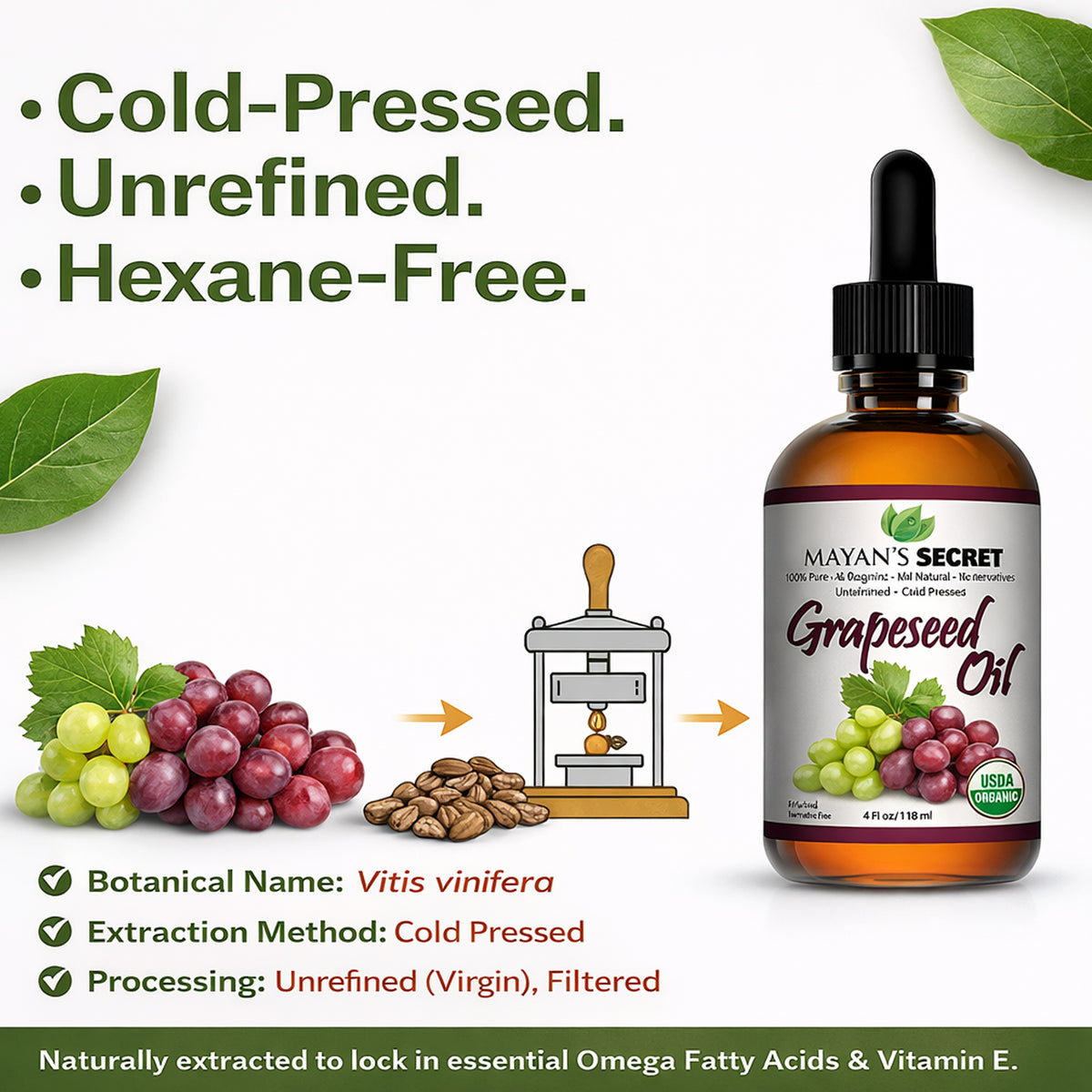 Mayan’s Secret Organic Grapeseed Oil Cold Pressed Unrefined Hexane Free 100 Percent Pure USDA Organic Carrier Oil for Hair Skin Face Scalp and Massage Glass Bottle 4oz