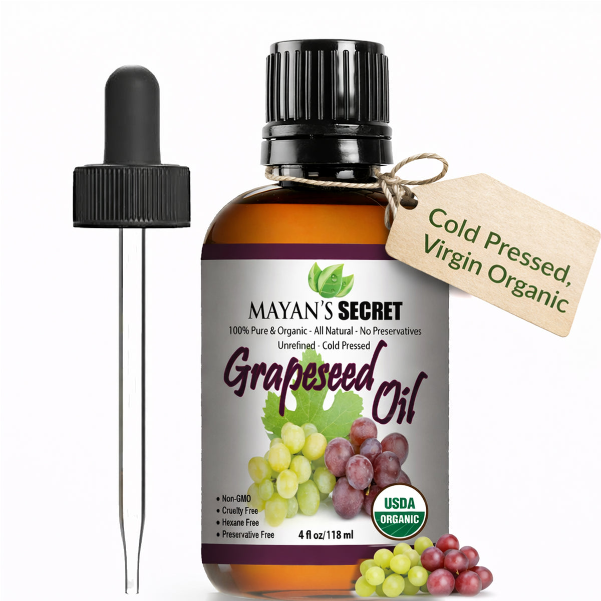 Mayan’s Secret Organic Grapeseed Oil Cold Pressed Unrefined Hexane Free 100 Percent Pure USDA Organic Carrier Oil for Hair Skin Face Scalp and Massage Glass Bottle 4oz