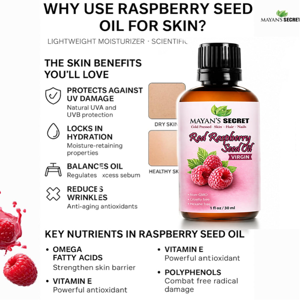 Mayan's Secret Red Raspberry Seed Oil Cold Pressed Unrefined (Virgin) Undiluted 100% Natural for face, hands,scars and breakouts (1 fl oz) (Red Raspberry Seed Oil, 1 fl oz)