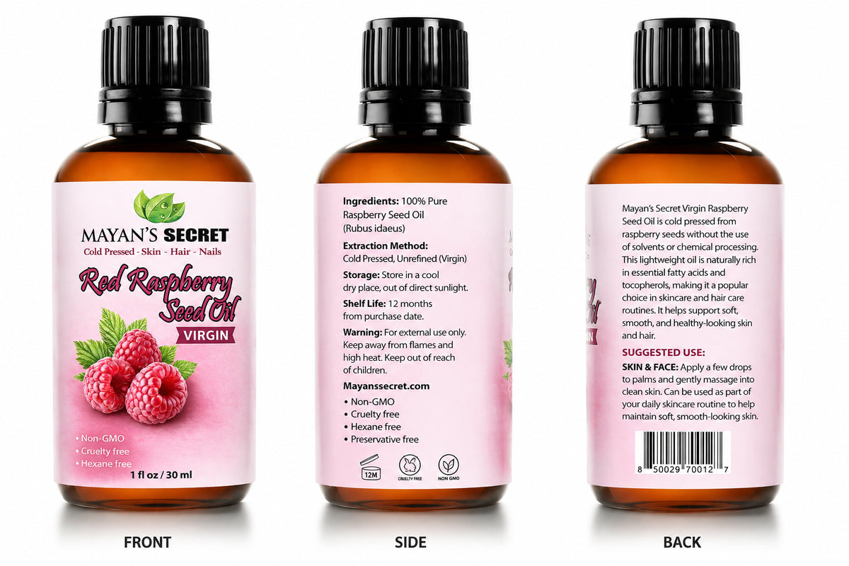 Mayan's Secret Red Raspberry Seed Oil Cold Pressed Unrefined (Virgin) Undiluted 100% Natural for face, hands,scars and breakouts (1 fl oz) (Red Raspberry Seed Oil, 1 fl oz)