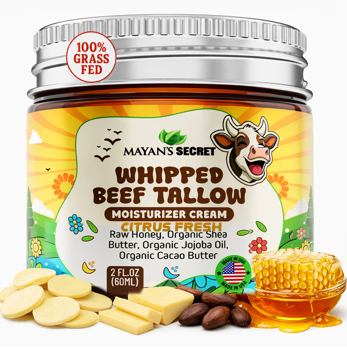 Mayan's Secret Beef Tallow for Skin – Whipped Moisturizer Cream – 100% Grass Fed with Organic Jojoba Oil, Shea Butter, Cacao Butter, Raw Honey – Made in USA, Amber Glass Jar. 2 Ounce
