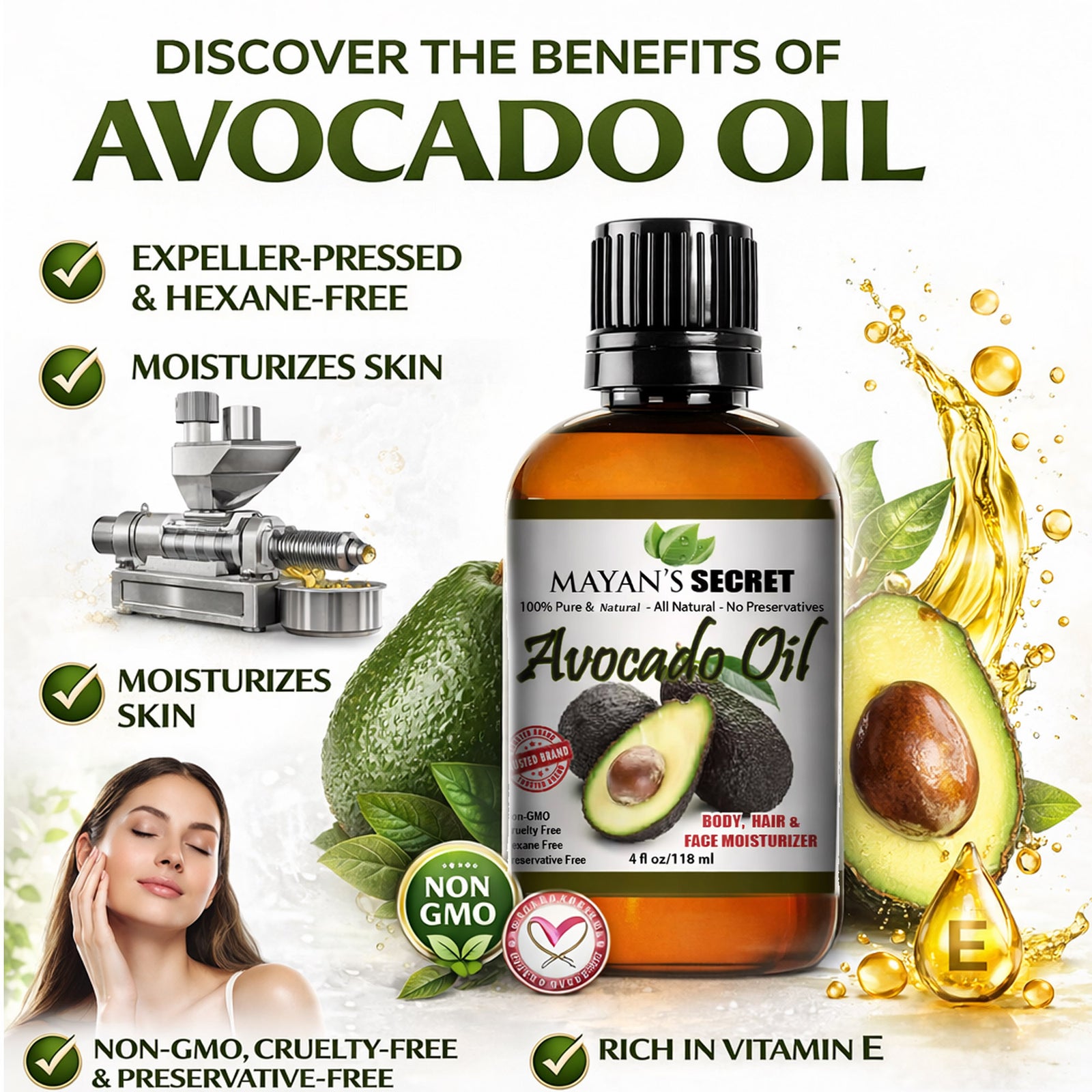 Avocado Oil for Skin & Hair – Pure, Hexane-Free, Vitamin E Rich 4oz