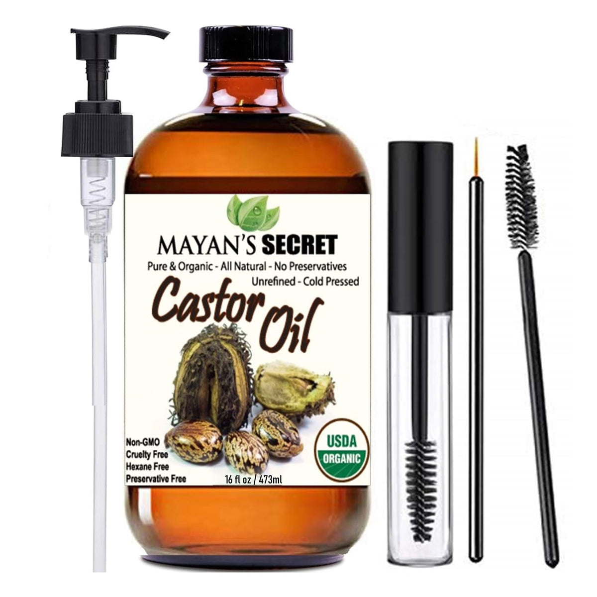 Mayan&#39;s Secret - 16 oz Pure Castor Oil Organic Cold Pressed Unrefined Glass Bottle Hexane Free Hair Oil for Hair Growth, Eyelashes, Eyebrows – Oil for Skin, Face, Body