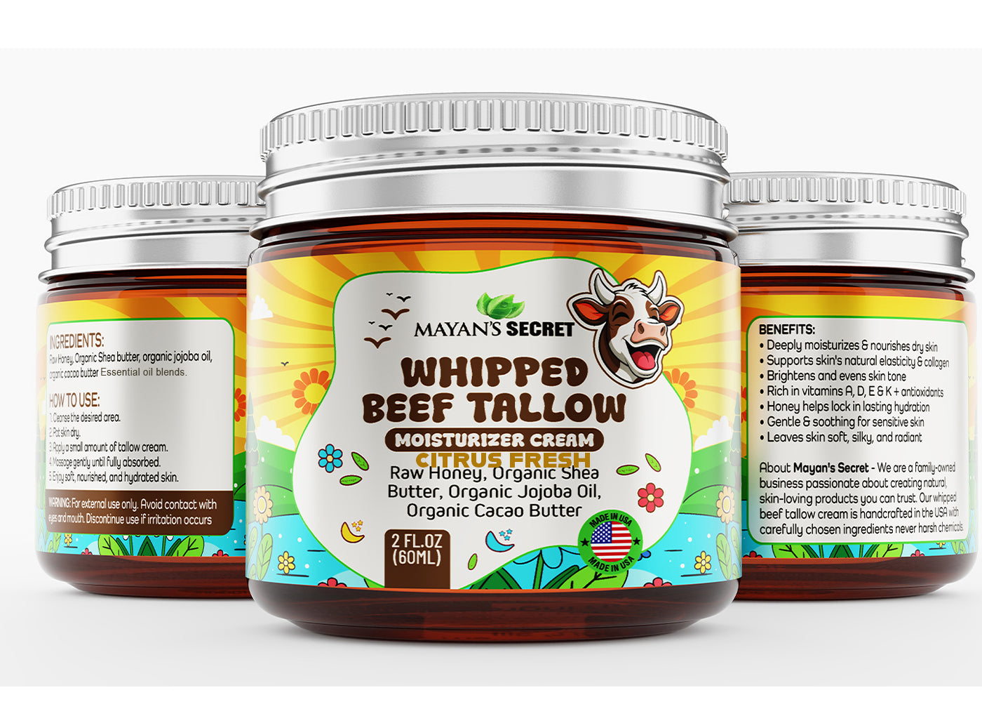Mayan's Secret Beef Tallow for Skin – Whipped Moisturizer Cream – 100% Grass Fed with Organic Jojoba Oil, Shea Butter, Cacao Butter, Raw Honey – Made in USA, Amber Glass Jar. 2 Ounce