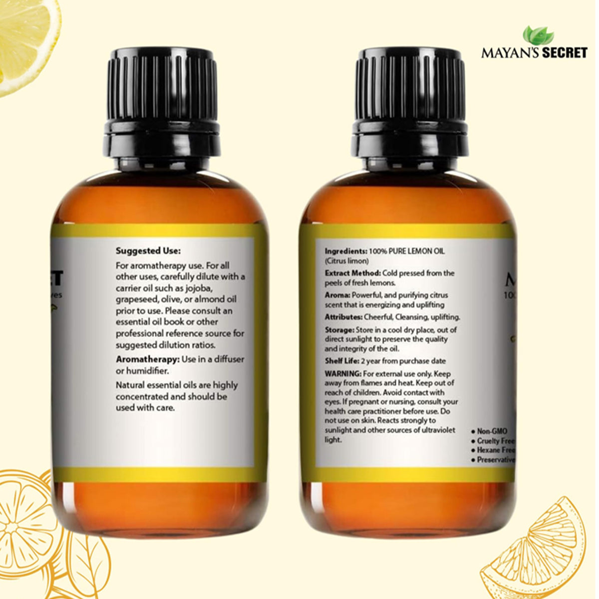 Mayan’s Secret Lemon Oil 100% Pure Cold Pressed Lemon Essential Oil for Skin Hair Aromatherapy 4 oz 120ml Amber Glass Bottle