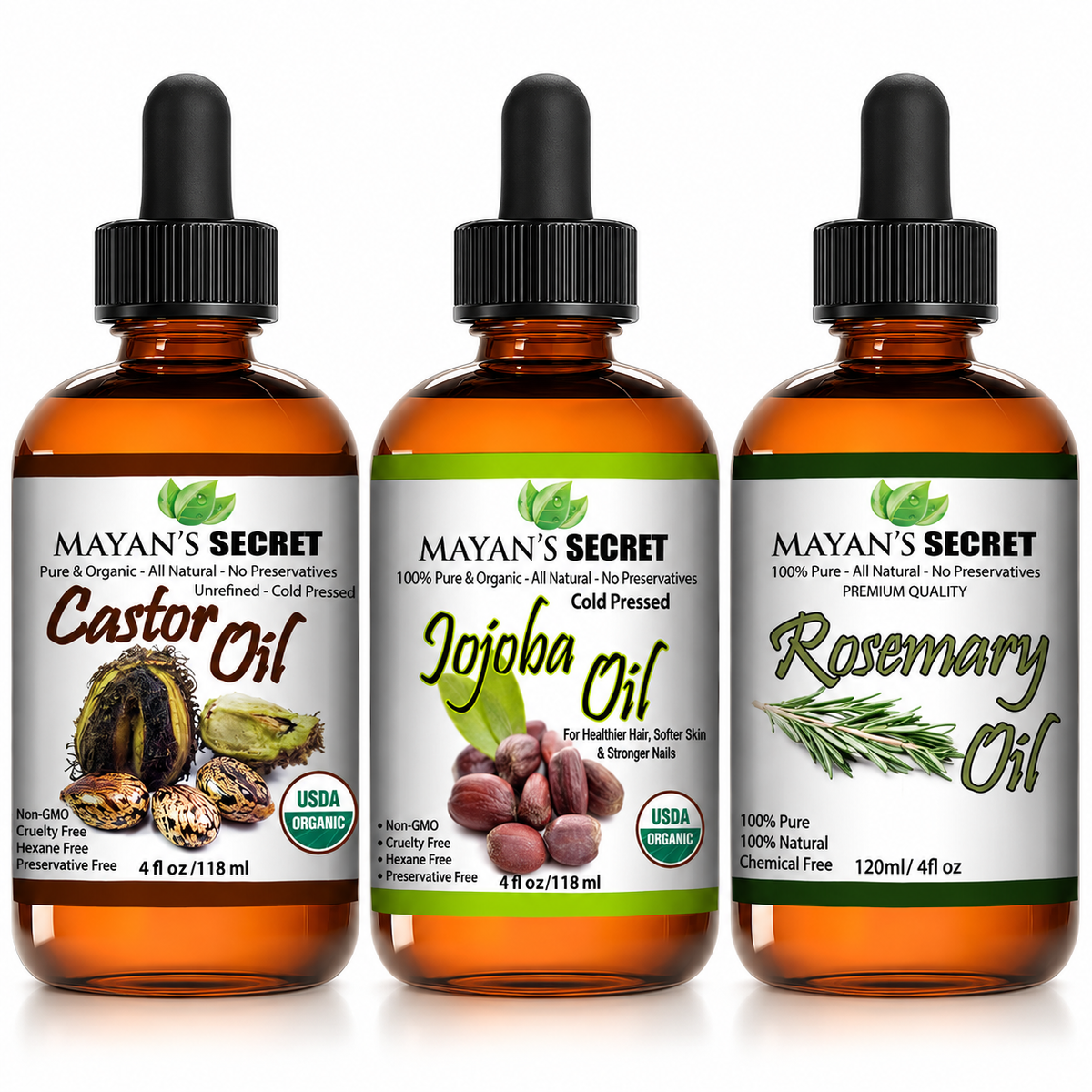 Mayan’s Secret castor, jojoba and rosemary oil bundle, three 4 fl oz bottles