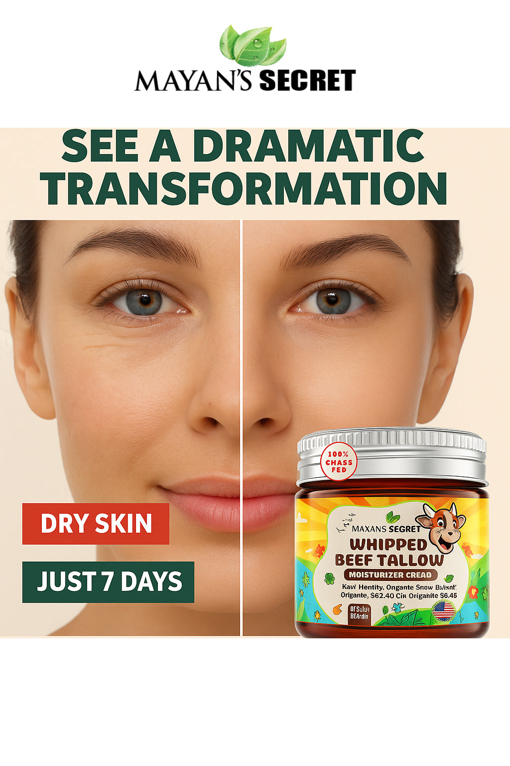 Mayan&#39;s Secret Beef Tallow for Skin – Whipped Moisturizer Cream – 100% Grass Fed with Organic Jojoba Oil, Shea Butter, Cacao Butter, Raw Honey – Made in USA, Amber Glass Jar. 2 Ounce