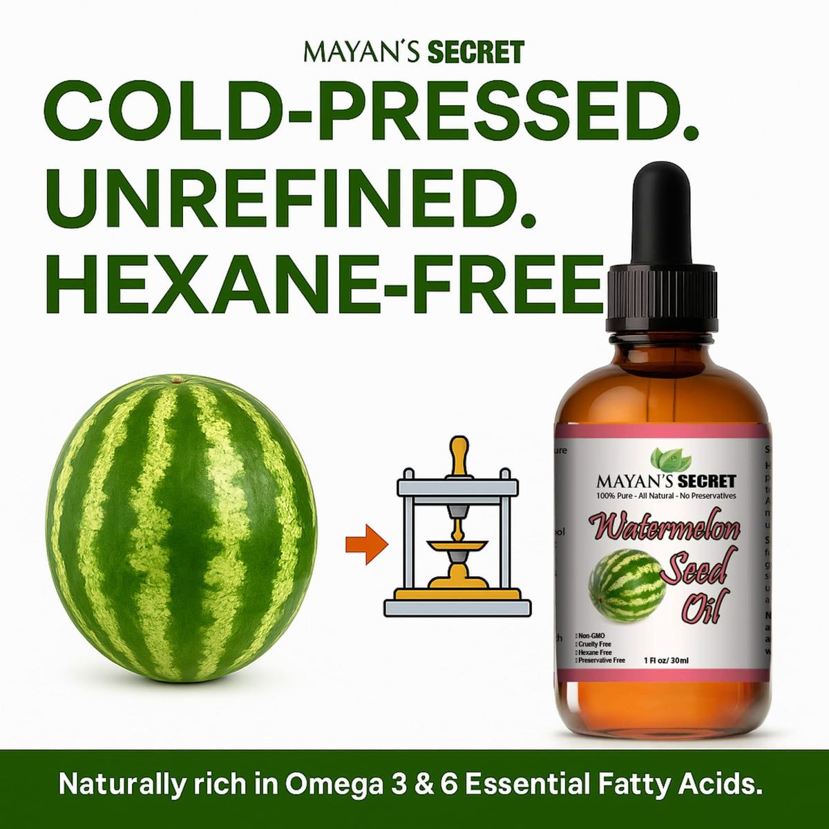Mayan's Secret 100% Kalahari Watermelon Seed Oil Cold Pressed/Virgin/Undiluted Carrier Oil | For Face, Hair and Body - 1oz