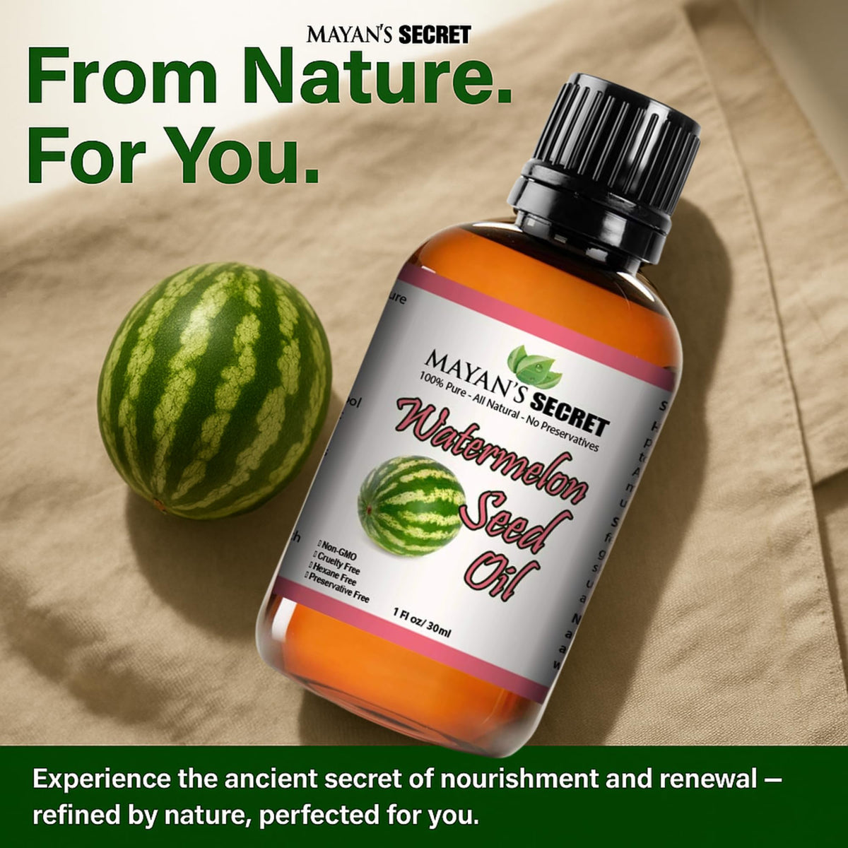Mayan's Secret 100% Kalahari Watermelon Seed Oil Cold Pressed/Virgin/Undiluted Carrier Oil | For Face, Hair and Body - 1oz