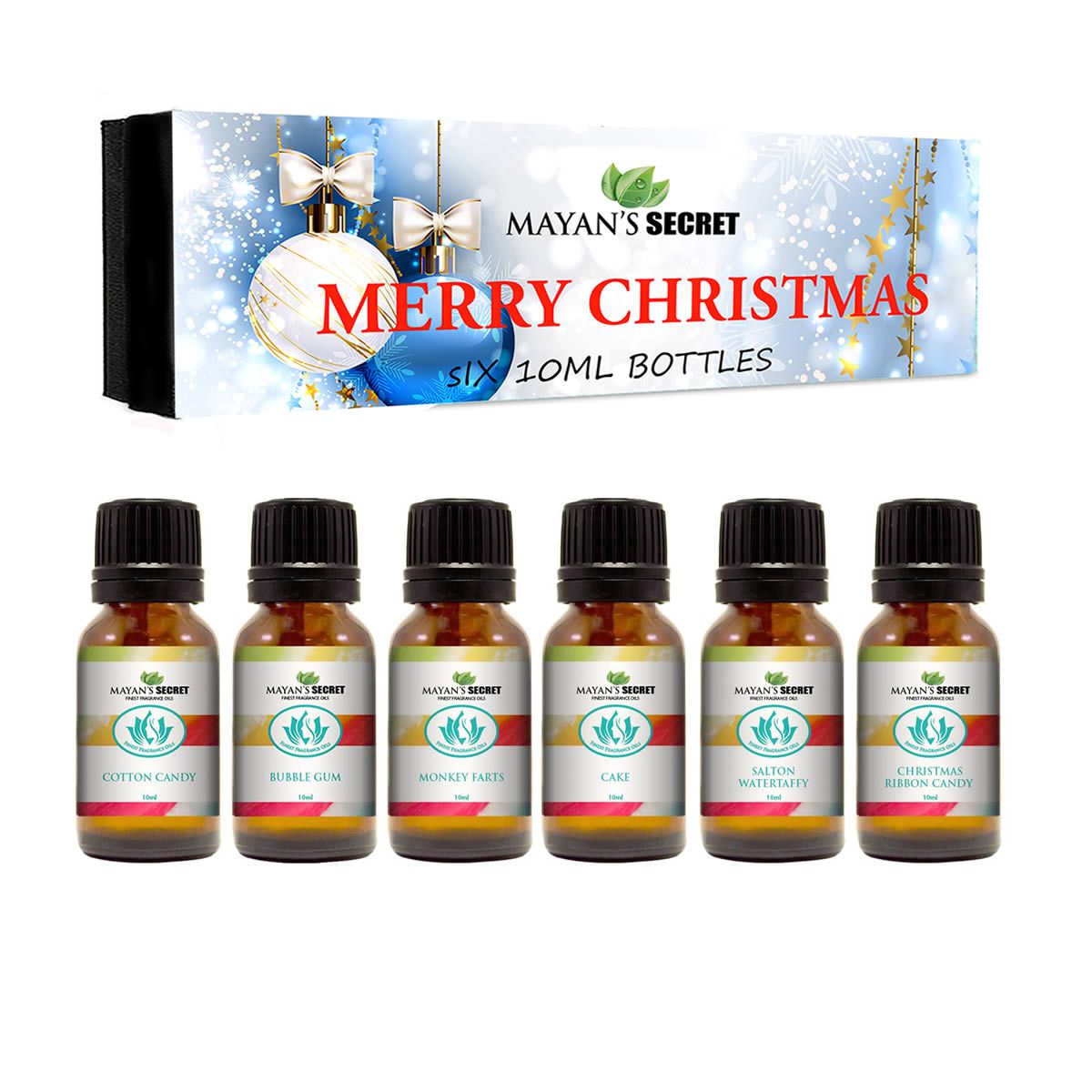 Premium Grade Fragrance Oil -Merry Christmas - Gift Set 6/10ml Cotton Candy, Bubble Gum, Monkey Farts, Cake, Salton Water Taffy, Christmas Ribbon